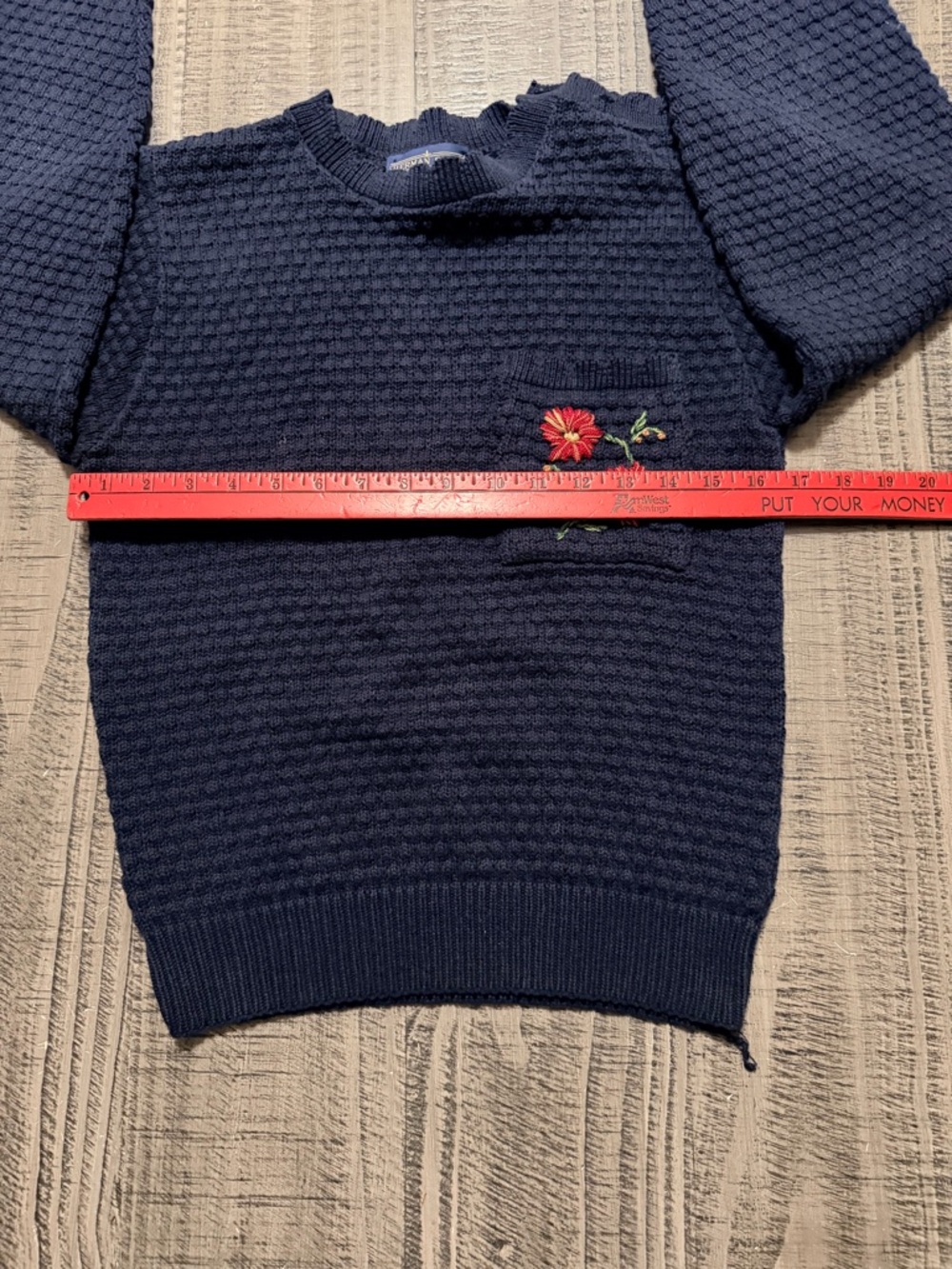 Crewneck Navy Textured Knit Sweater with Floral Pocket - Picture 5 of 9